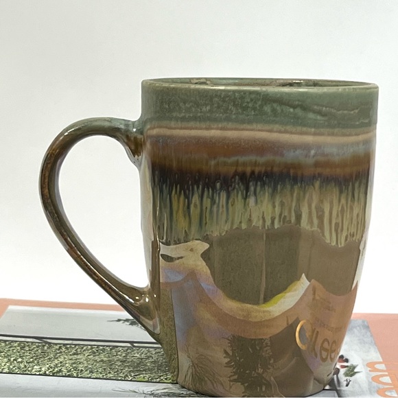 R2 Zrike 16 oz Stoneware Coffee Mug Shimmery Glaze Ombre Drip Taupe Green Peach - Picture 10 of 17